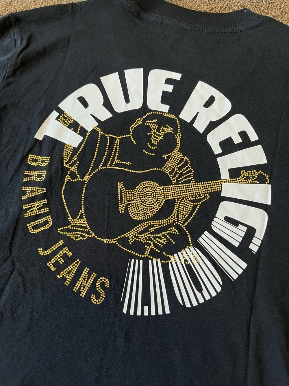 True Religion Fast Buddha SS Tee XL Jet Black Gold Rhinestone Graphic NWT